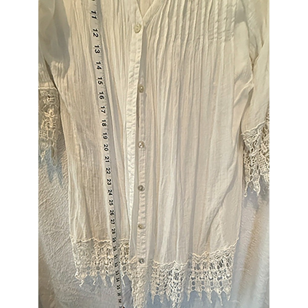 Blue Island White Cotton Lace Blouse Large Boho Button Front Crochet Trim - Picture 10 of 12